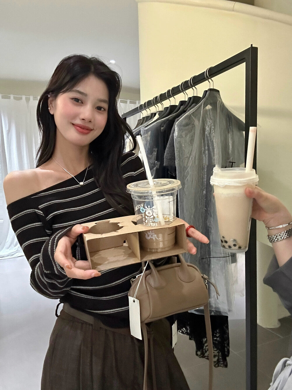 Lazy Off-Shoulder Striped Knit Top