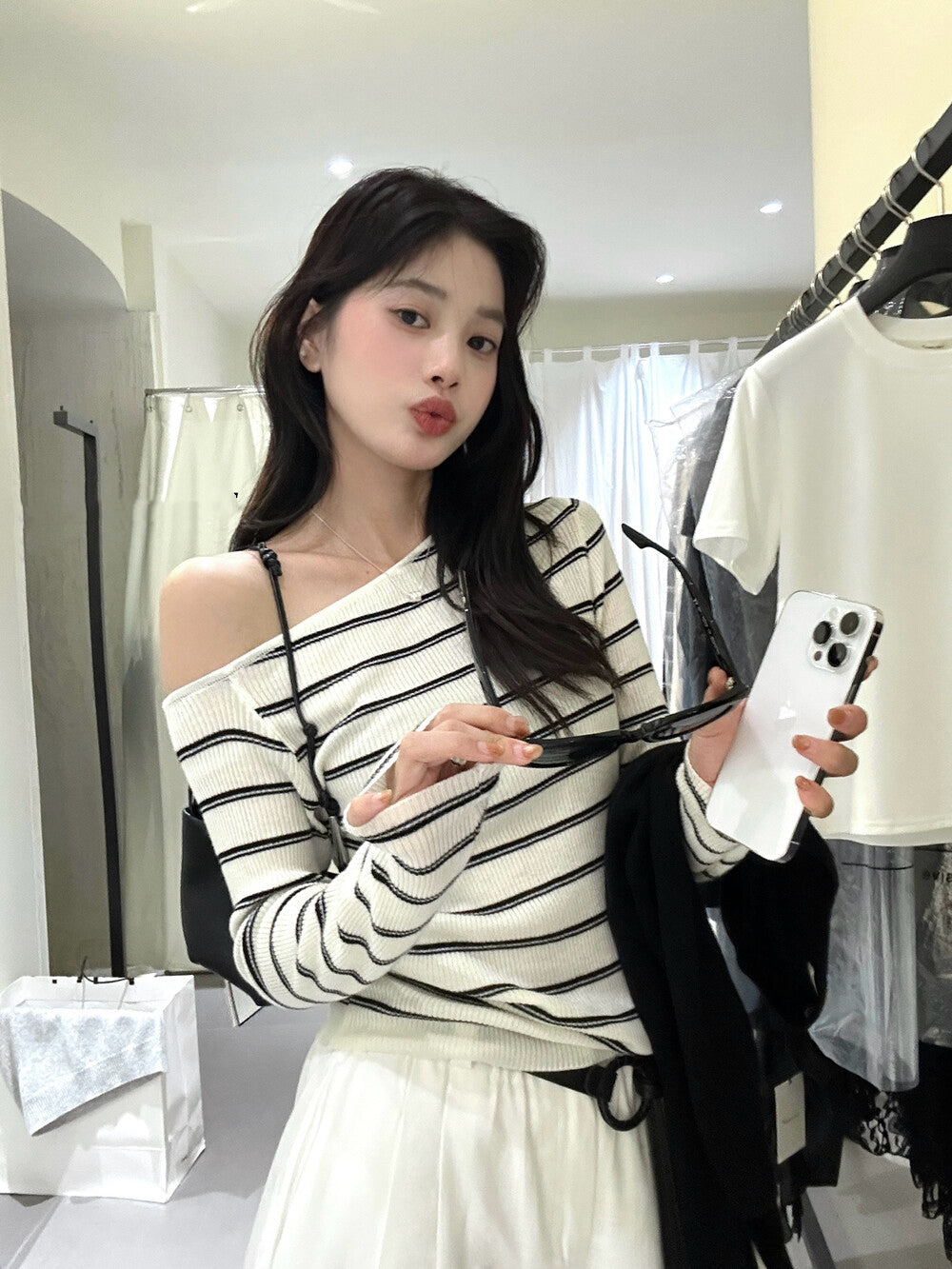 Lazy Off-Shoulder Striped Knit Top