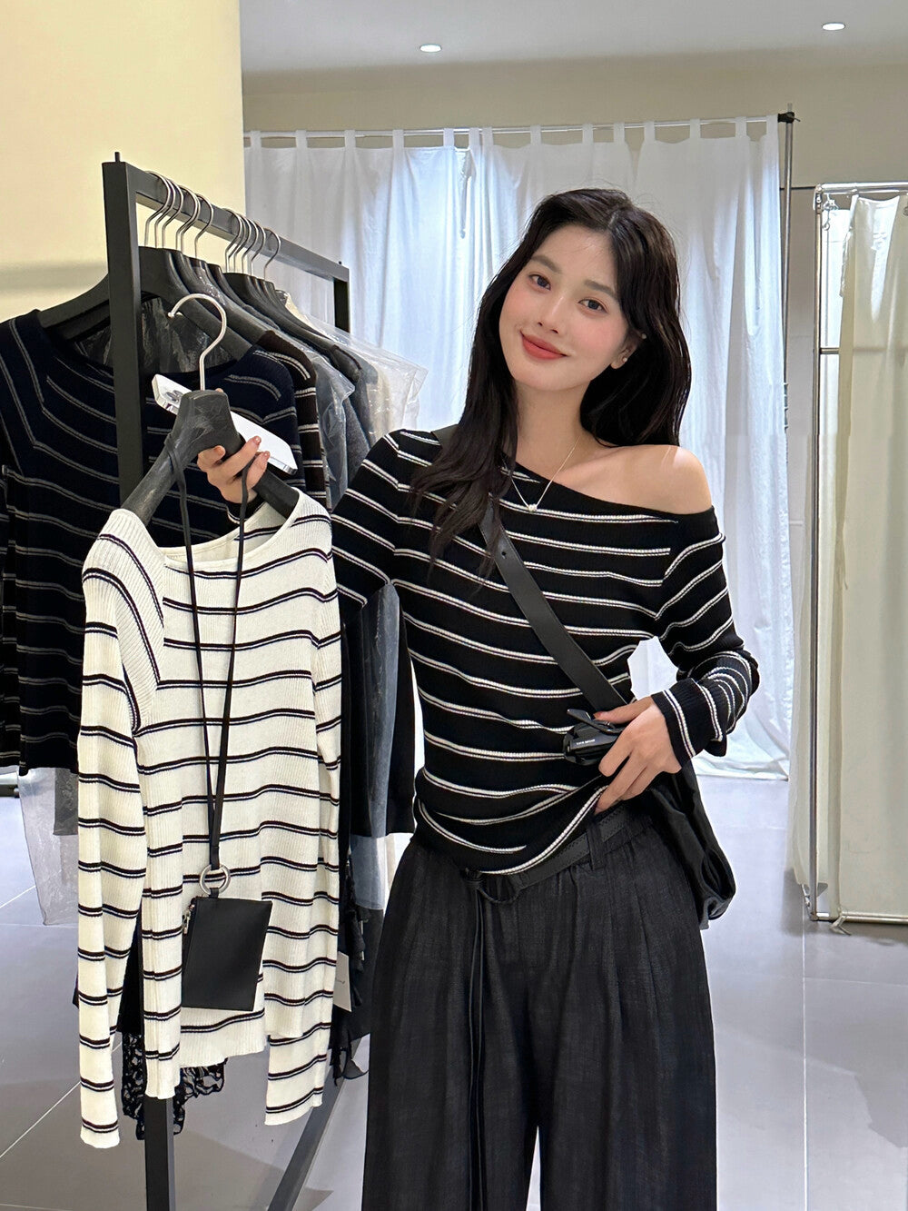 Lazy Off-Shoulder Striped Knit Top