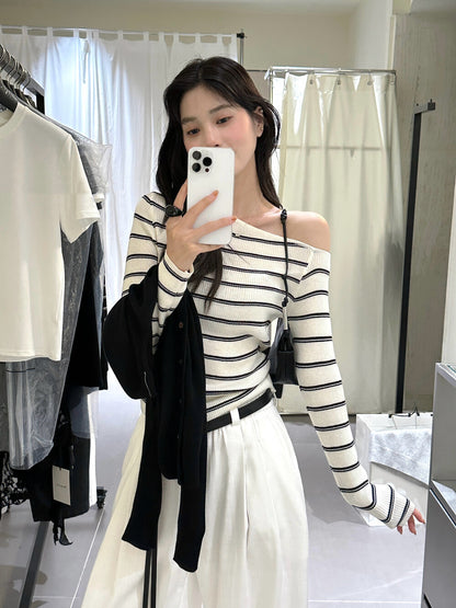 Lazy Off-Shoulder Striped Knit Top
