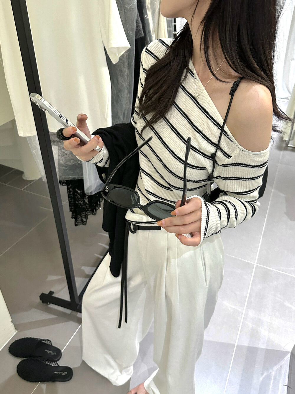Lazy Off-Shoulder Striped Knit Top