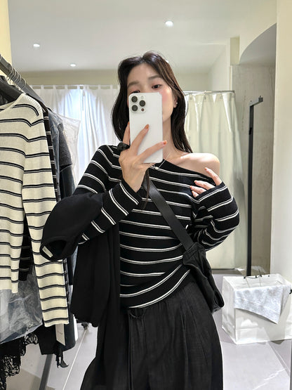 Lazy Off-Shoulder Striped Knit Top