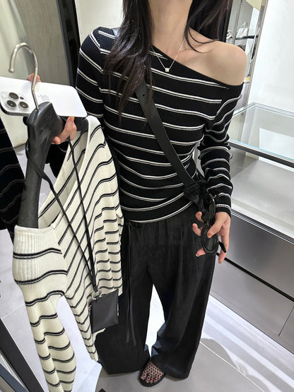 Lazy Off-Shoulder Striped Knit Top