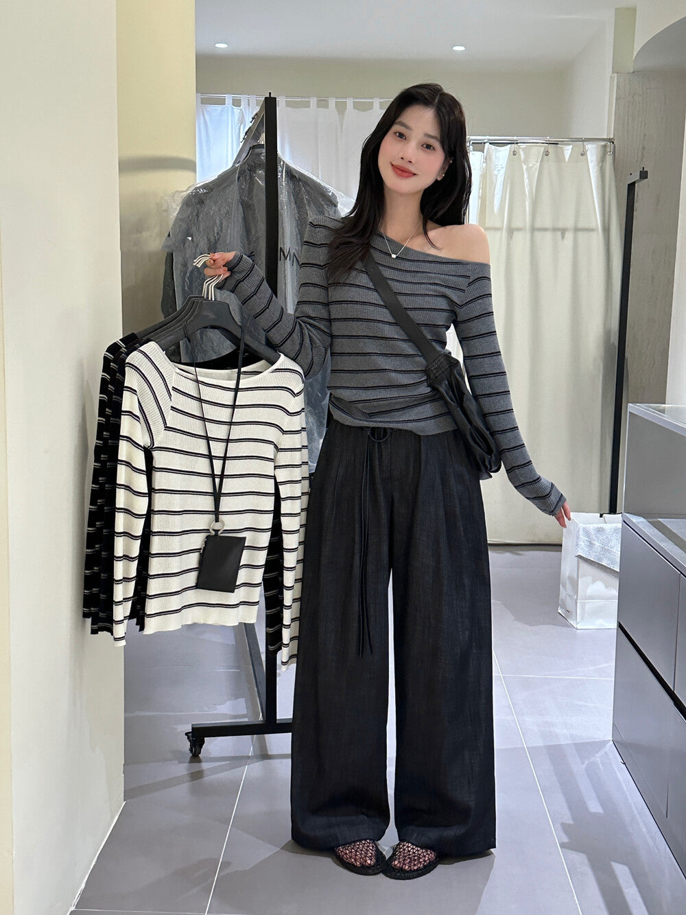 Lazy Off-Shoulder Striped Knit Top