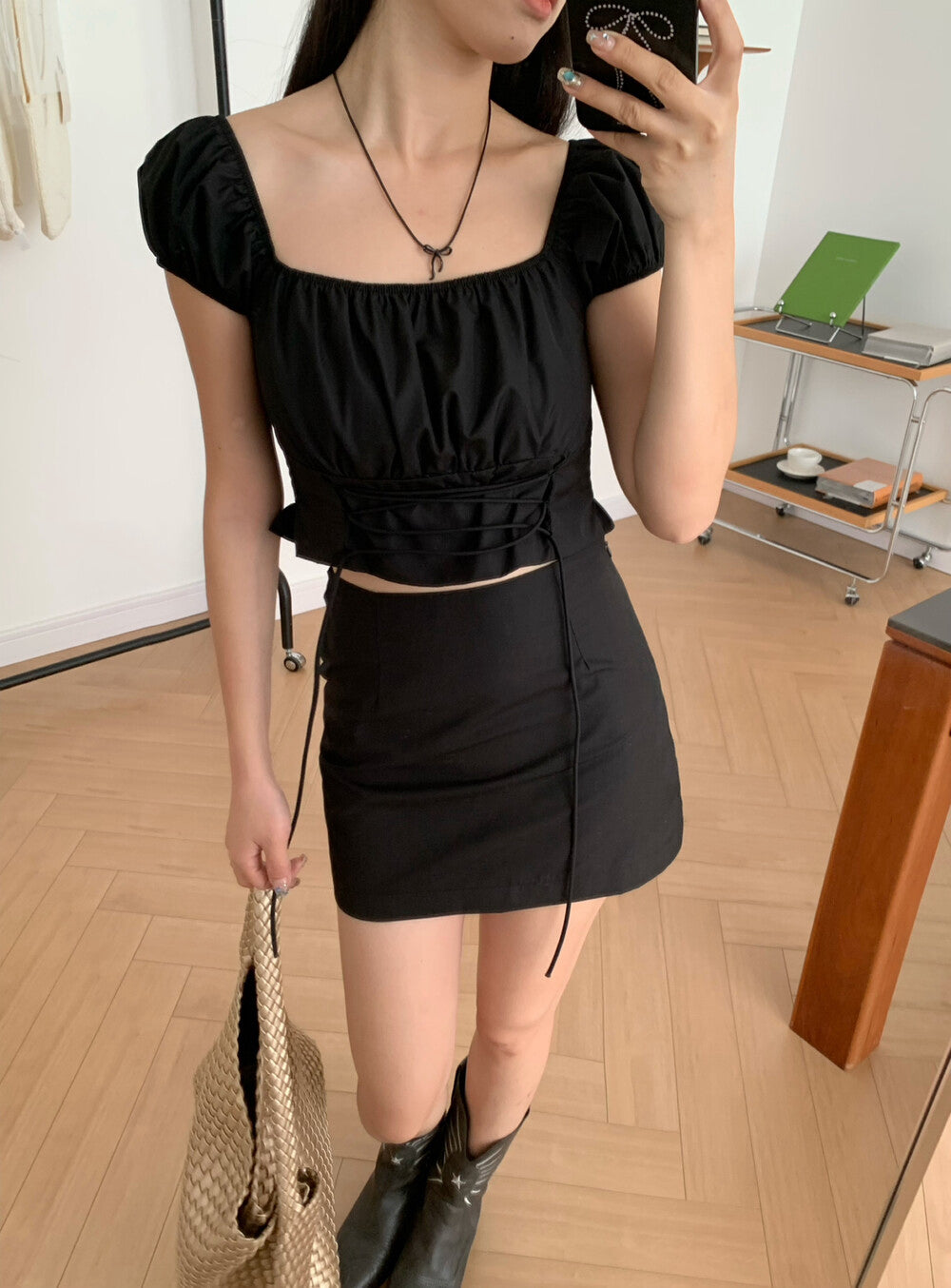 Puff Sleeve Tie Top + Skirt Set