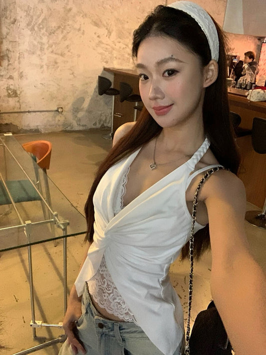 蕾絲掛脖假兩件背心