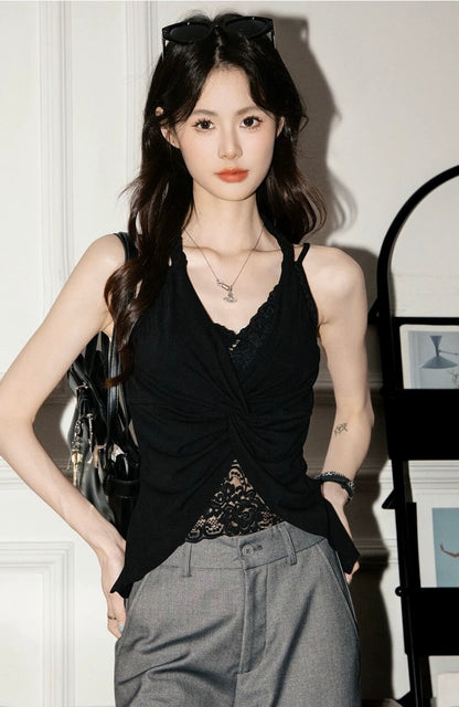 蕾絲掛脖假兩件背心