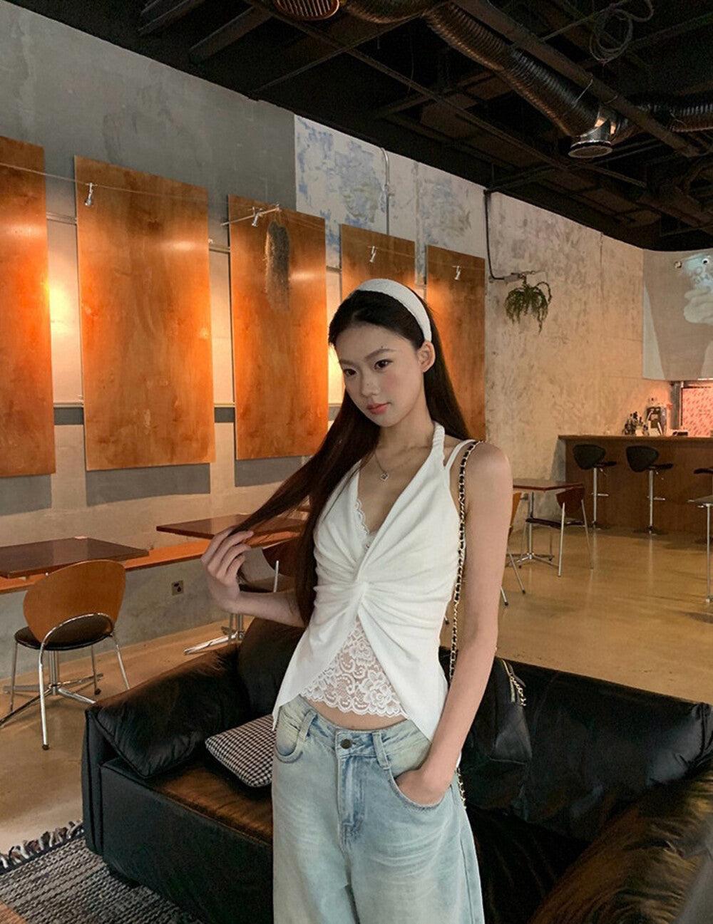 蕾絲掛脖假兩件背心