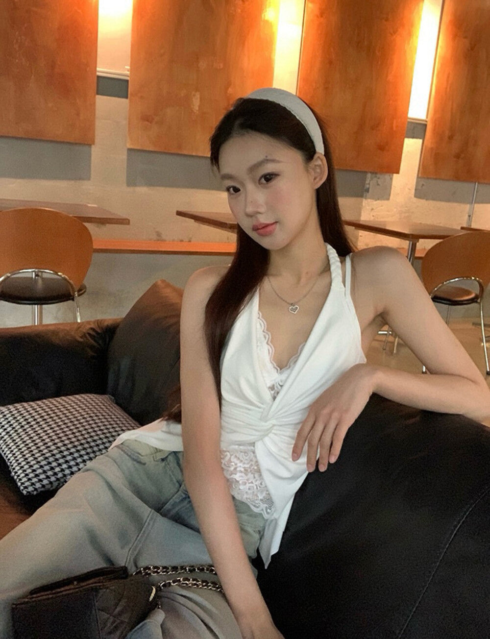 蕾絲掛脖假兩件背心