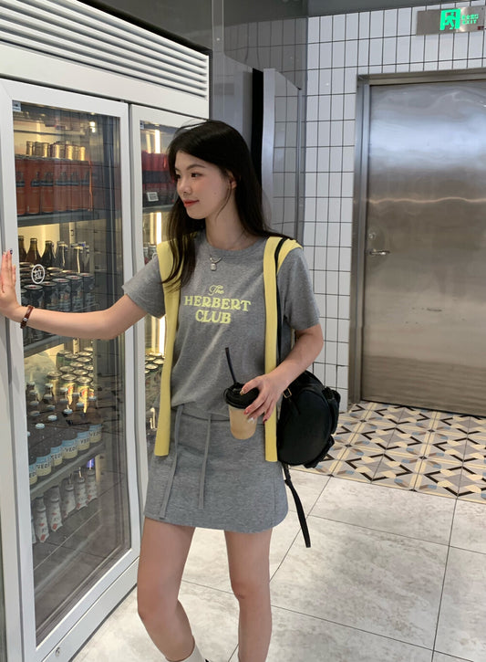 Crew Neck Embroidered Letter Loose Top + Skirt Set