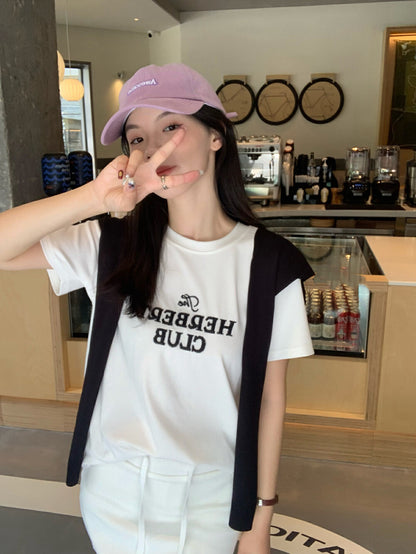 Crew Neck Embroidered Letter Loose Top + Skirt Set