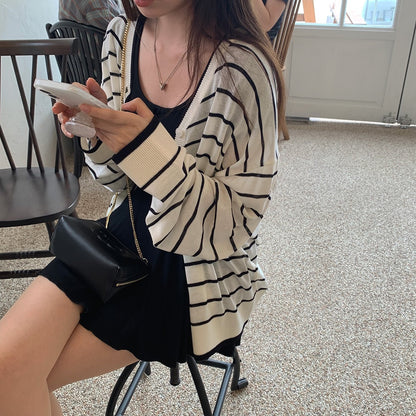 Preppy Style Striped Color-block Knitted Cardigan