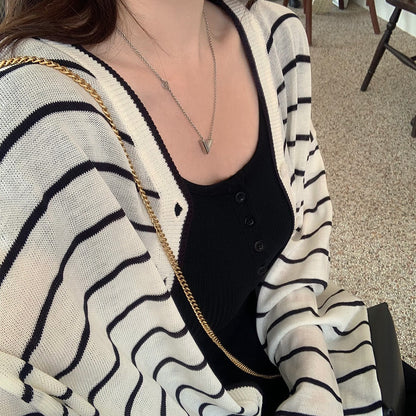 Preppy Style Striped Color-block Knitted Cardigan