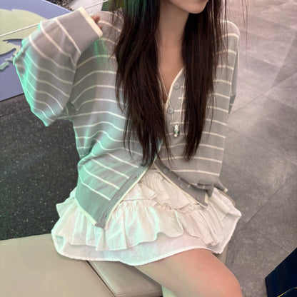 Preppy Style Striped Color-block Knitted Cardigan