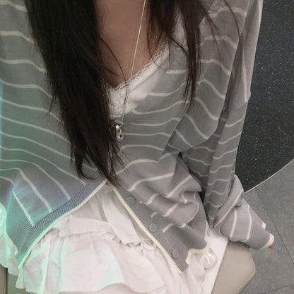 Preppy Style Striped Color-block Knitted Cardigan