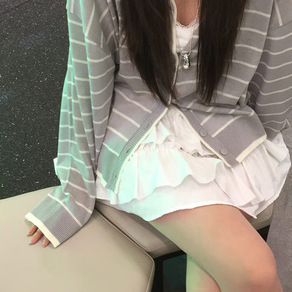 Preppy Style Striped Color-block Knitted Cardigan