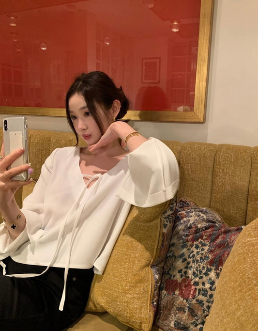 V領綁帶雪紡恤衫