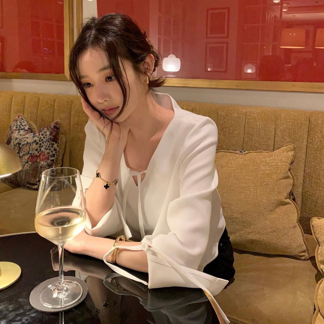 V領綁帶雪紡恤衫