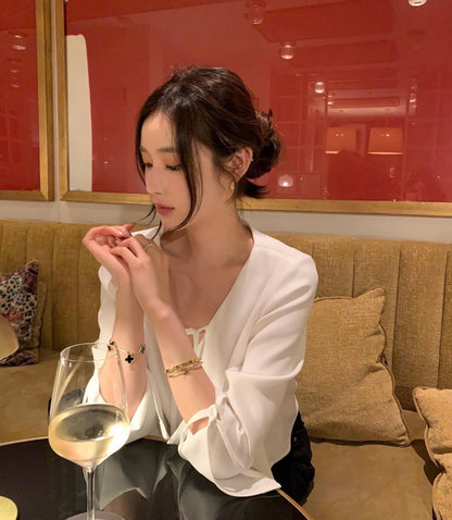 V領綁帶雪紡恤衫