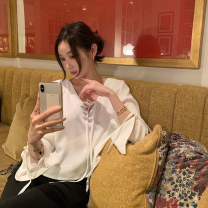 V領綁帶雪紡恤衫