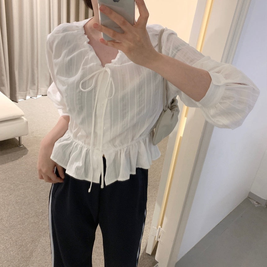 V領抽繩減齡長袖恤衫