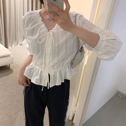 V領抽繩減齡長袖恤衫