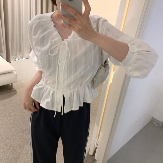 V領抽繩減齡長袖恤衫