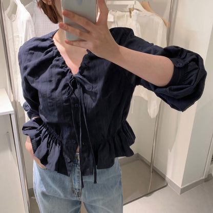 V領抽繩減齡長袖恤衫