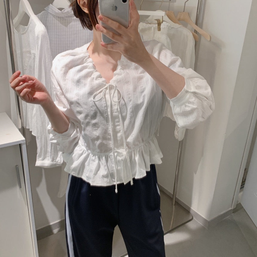 V領抽繩減齡長袖恤衫