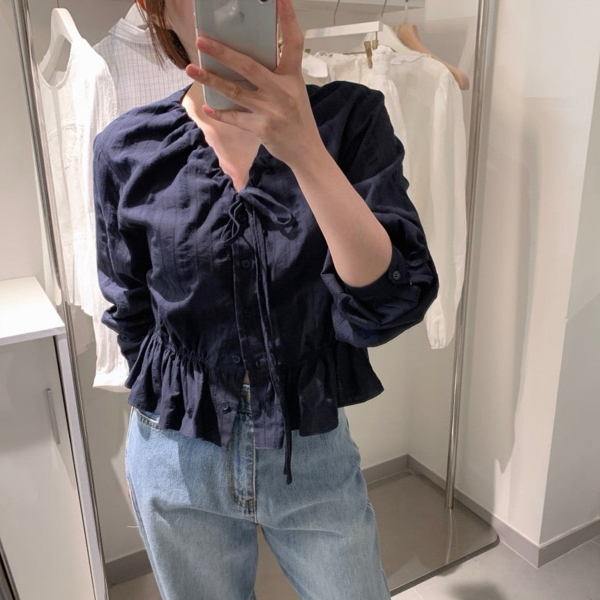 V領抽繩減齡長袖恤衫