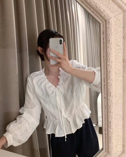 V領抽繩減齡長袖恤衫