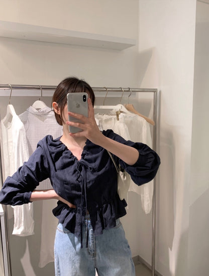 V領抽繩減齡長袖恤衫