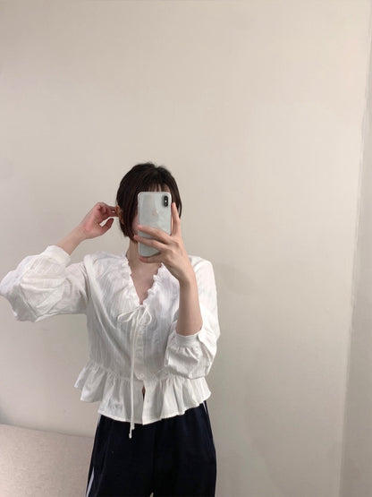 V領抽繩減齡長袖恤衫