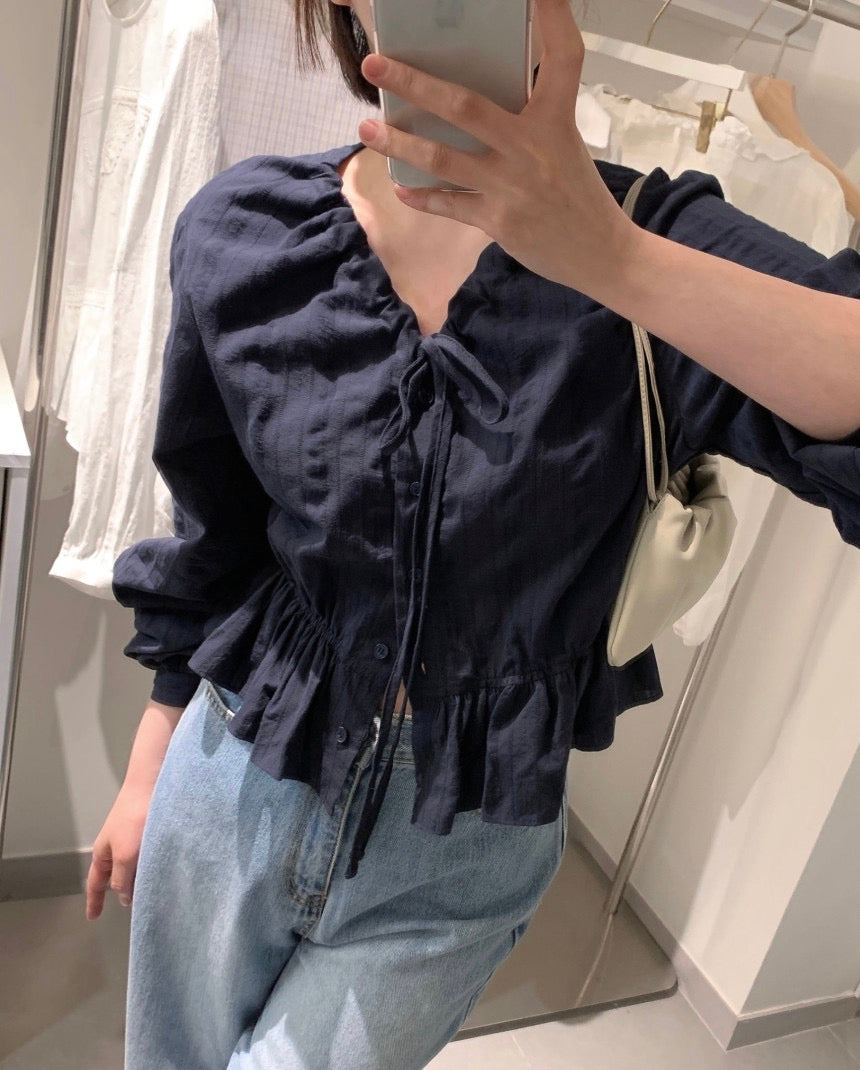 V領抽繩減齡長袖恤衫