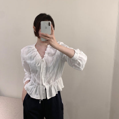 V領抽繩減齡長袖恤衫