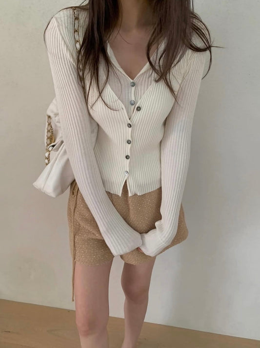 Double-Layered Button-Up Long Sleeve Knit Top