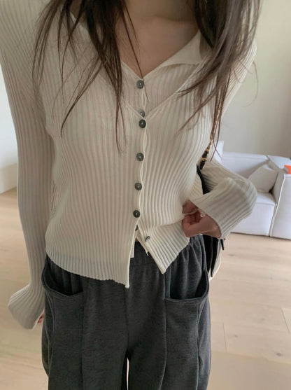 假兩件排扣長袖針織top