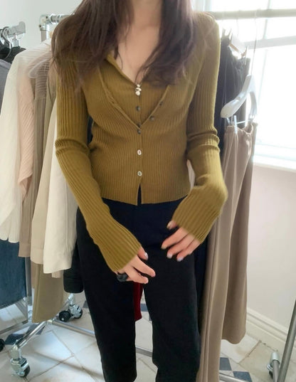 假兩件排扣長袖針織top