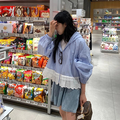 Striped Hooded Patchwork Lace Blouse