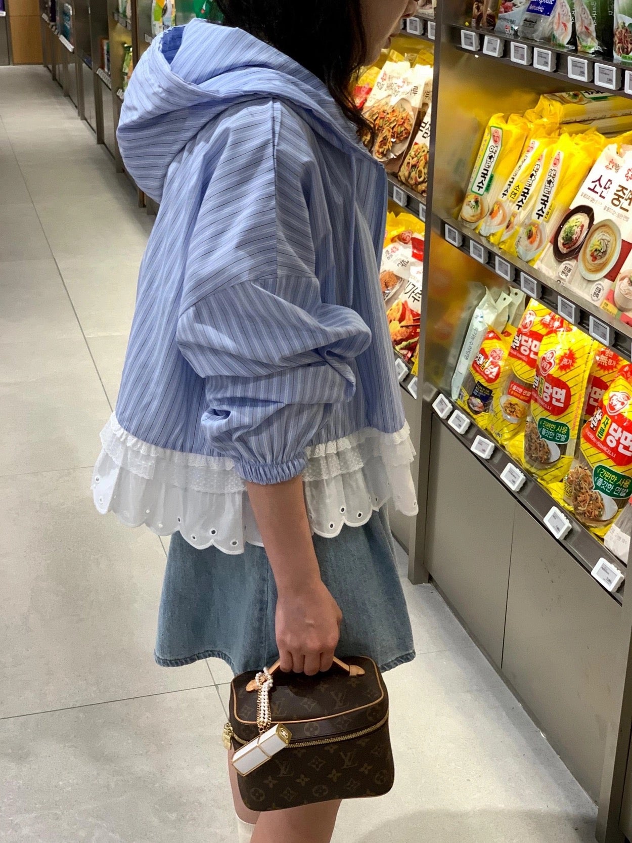 Striped Hooded Patchwork Lace Blouse