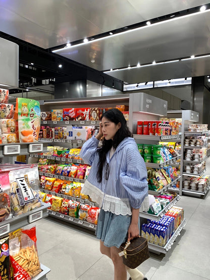 Striped Hooded Patchwork Lace Blouse