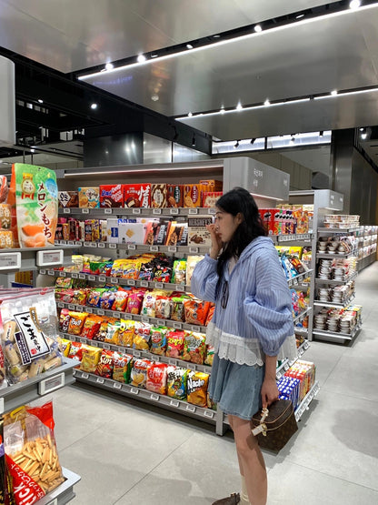 Striped Hooded Patchwork Lace Blouse