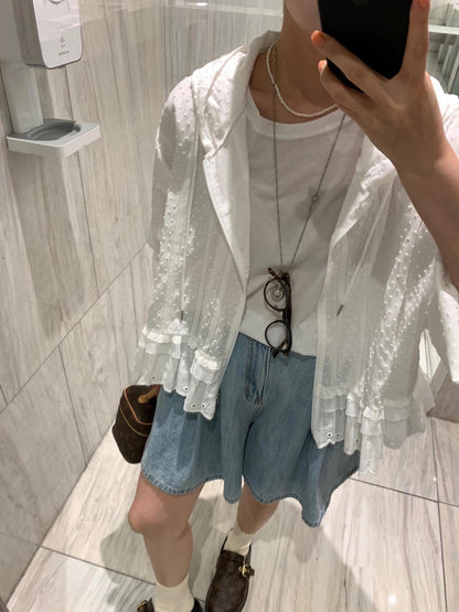 Striped Hooded Patchwork Lace Blouse