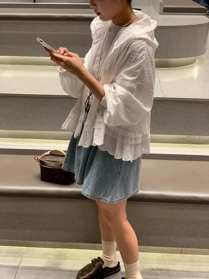 Striped Hooded Patchwork Lace Blouse