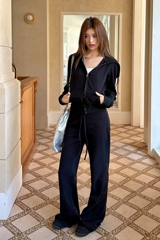 Casual Hoodie + Flared Wide-leg Pants Set