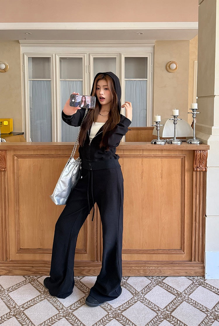 Casual Hoodie + Flared Wide-leg Pants Set