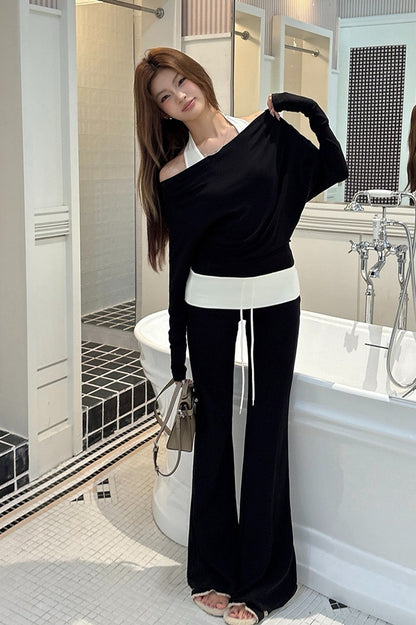 Halter Neck Faux Two-Piece Off-Shoulder Sweatshirt + Flared Casual Pants Set