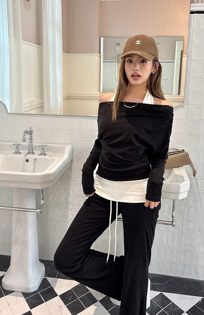 Halter Neck Faux Two-Piece Off-Shoulder Sweatshirt + Flared Casual Pants Set