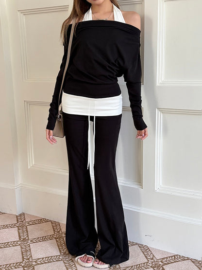 Halter Neck Faux Two-Piece Off-Shoulder Sweatshirt + Flared Casual Pants Set