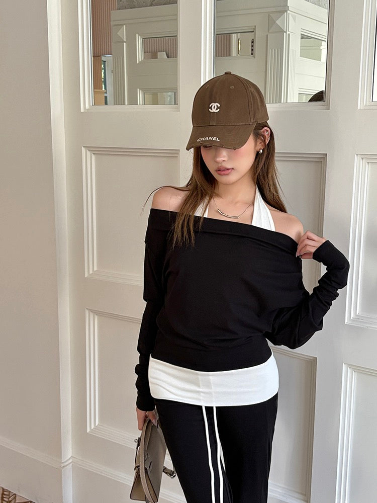 Halter Neck Faux Two-Piece Off-Shoulder Sweatshirt + Flared Casual Pants Set